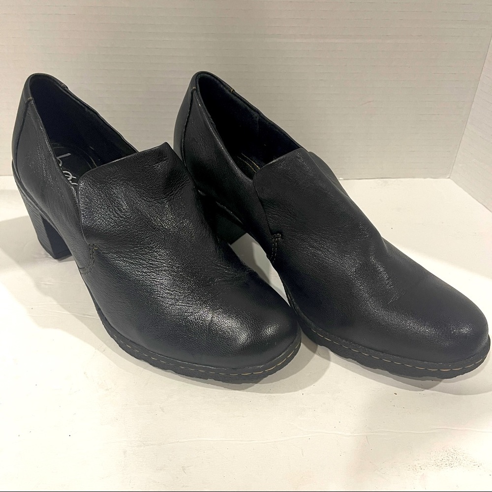 BOC Born Concept Black Leather Slip-On Booties, Loafer Style W/Chunky Heel. 11M